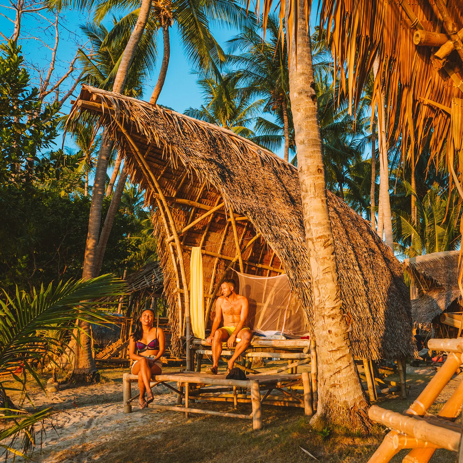 Stay in Tao’s off-grid bamboo basecamps, hidden in coves, jungles and island communities. Sleep in our hand-crafted Tuka huts, their bird-beak curves designed for shade, breeze, and connection to nature.